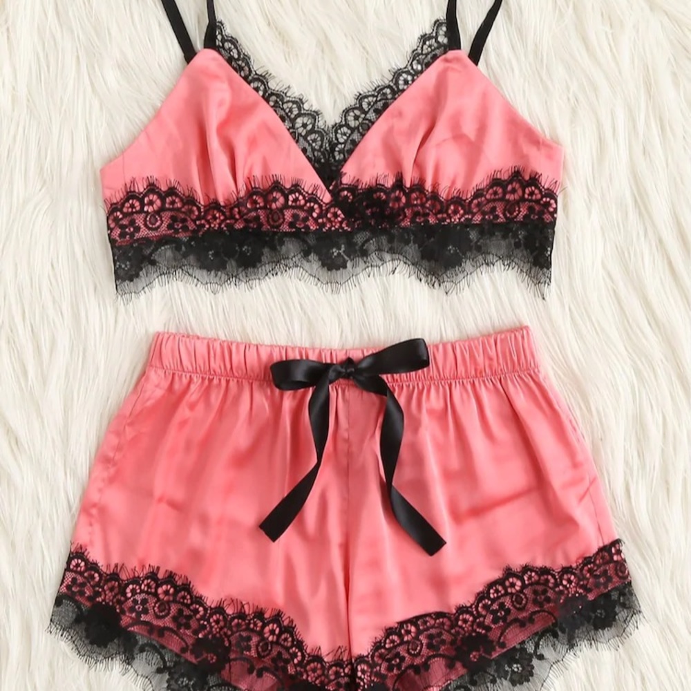 SHEIN pink/coral bralette and shorts